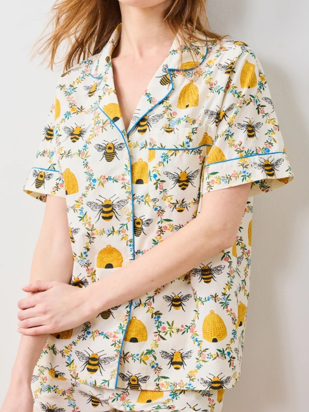 Printfresh Short Sleeve Pajama Top in Sweet Bee Print Size M